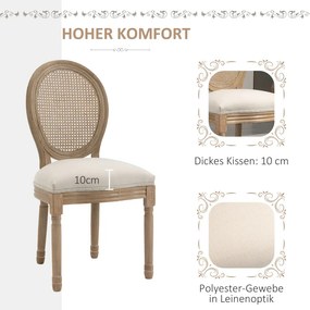 HOMCOM Étkezőszékek 2 db-os konyhaszék szett, kárpitozott székek, bécsi nádszövés, tömörfa, krémfehér-natúr
