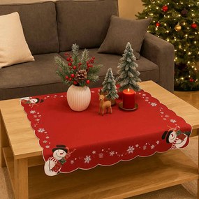 Karácsonyi hímzett terítő Hóember piros 85x85 cm TiaHome