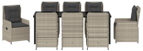 9 Részes Kerti Étkezőszett Világosszürke Poli Rattan, Kerti Asztal Fekete 200x80x73 cm Edzett Üvegből