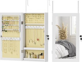 HOMCOM Falra Szerelhető Ékszertükrös Szekrény Zárral és Több Rekesszel - Fehér és Krém Béléssel | Aosom