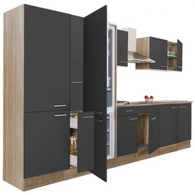 Yorki 360 konyhabútor sonoma tölgy korpusz,selyemfényű antracit fronttal polcos szekrénnyel és alulfagyasztós hűtős szekrénnyel