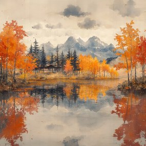 Vászonkép Canvas Tájkép Ősz Tó Fák Hegyek Tükröződés 80x80