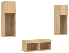 4 darab sonoma tölgy színű falra szerelhető TV-szekrény LED-del