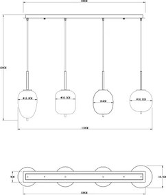 Globo 15345-4MM Függeszték fém matt réz alaplap, 4 különböző füstszínű búrával, fekete függesztőszárral. HxSzxM:1100x185x1200mm, fényforrás nélkül szállítva 4x E14 40W 230V