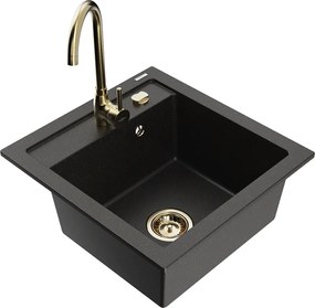 Mexen Vito 1-medencés gránit mosogató Telma konyhai csappal, fekete/arany metál - 6503-75-670200-50