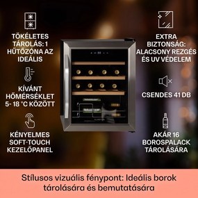 Klarstein Vinamour 16 Uno, borhűtő, 42 liter, 16 palack, 5-18°C, 41 dB, üveg