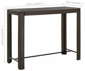 barna polyrattan kerti bárasztal 140,5 x 60,5 x 110,5 cm