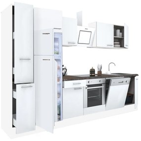 Yorki 310 konyhabútor fehér korpusz,selyemfényű fehér front alsó sütős elemmel felülfagyasztós hűtős szekrénnyel