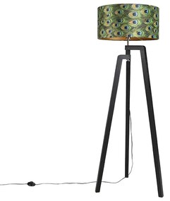 Állólámpa háromlábú fekete, 50 cm-es páva mintás árnyékolóval - Puros