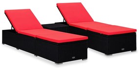 3 részes fekete polyrattan kerti napozóágy szett asztallal