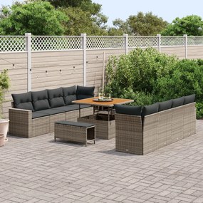 11 részes kerti kanapészett párnákkal, szürke, poli rattan, akácia, 3 részes kerti étkező szett párnákkal, szürke, poli rattan, akácia