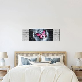Kép - Rózsaszín pillangó a falon (órával) (90x30 cm)