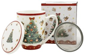 Karácsonyi fenyőfás porcelán bögre fém szűrővel díszdobozban Christmas Tree 3