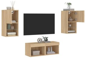 4 darab sonoma tölgy színű falra szerelhető TV-szekrény LED-del