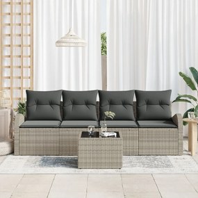 5 Részes Kerti Kanapé Szett Párnákkal Világosszürke Poli Rattan