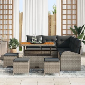 9 darabos Kerti Kanapé Szett Párnákkal Szürke Polyrattan Akáciával, 2-Fős Kerti Kanapé Párnákkal Szürke Polyrattan, 4 darabos Kerti Étkező Szett Párnákkal Szürke Polyrattan Akáciával