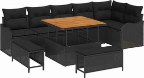 vidaXL Kerti Kanapé Szett párnával 9 pcs Fekete polirattan