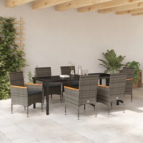 7 részes Kerti Étkezőszett Párnákkal Szürke Poly Rattan