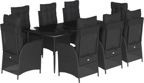 vidaXL 9 részes fekete polyrattan kerti étkezőgarnitúra párnákkal