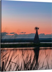 Vászonkép Szélmalom Ég Természet Naplemente Tó Fű 50X70