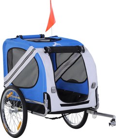 PawHut Háziállat Bicikli Trailers 8 Reflektorral, Zászlóval, Csúszótartóval, Acél, Poliészter, Vízálló, Max. 30 Kg 130L x 73W x 90H cm Fehér és Kék |