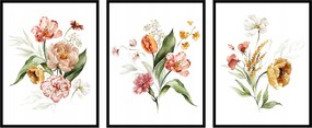 Poszterek virágokkal 3db 40x50cm triptichon növény grafika botanika levelek
