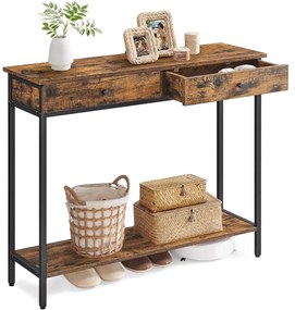 Konzolasztal, kanapéasztal 2 fiókkal, vintage barna–fekete színben