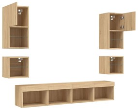 8 darab füstös tölgy színű szerelt fa TV-bútor LED-del