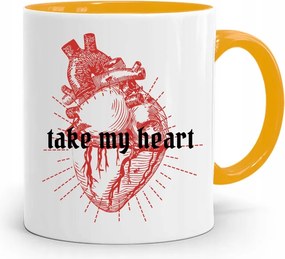 Sárga Bögre Valentin Napra Take My Heaty Ajándék fényképes nyomattal