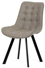 Scaun de sufragerie, stofă bej, decor piele periată, picioare din metal negru