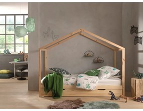 Natúr színű házikó alakú borovi fenyő gyerekágy kihúzható pótággyal, tárolóhellyel 90x200 cm DALLAS – Vipack