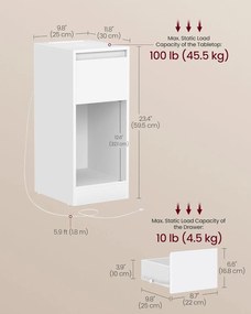 Keskeny éjjeliszekrény töltőállomással és LED-fénnyel, USB portokkal, fehér