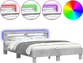 vidaXL betonszürke ágykeret fejtámlával és LED-del 150x200 cm