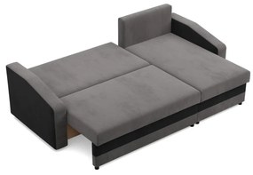 Hewlet sarokkanapé, 2 ágyneműtartóval, szövet anyag, univerzális oldal, hab töltet, szürke - fekete
