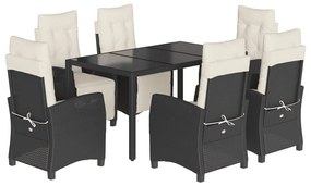 7 részes fekete polyrattan kerti étkezőgarnitúra párnával