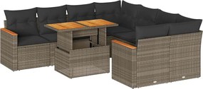 vidaXL 9 részes szürke polyrattan akácfa kerti ülőgarnitúra párnákkal