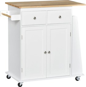 HOMCOM Konyhai Kocsi Kerekekkel, Szolgáló Trolley 2 Fiókkal, Tárolószekrénnyel, Állítható Belső Polccal, 3 Fűszerrel és Akasztóval 89x45x89.5 cm Fehér