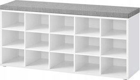 Modern fehér cipősszekrény világosszürke ülőfelülettel 15 polc