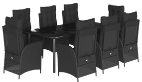 vidaXL 9 részes fekete polyrattan kerti étkezőgarnitúra párnákkal