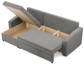 Zeus sarokkanapé, 2 ágyneműtartóval, döntött kartámasz, bársony, univerzális oldal, bonell töltet, világosszürke