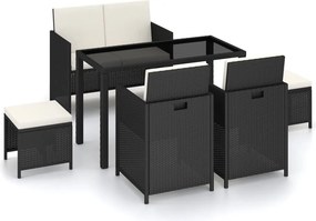 vidaXL 6-részes fekete polyrattan kültéri étkezőszett párnákkal