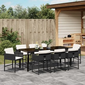 9 Részes Kerti Étkezőszett Párnákkal - Fekete Poly Rattan