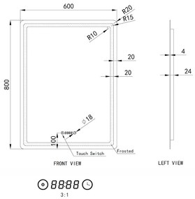 Álló fürdőszobai LED tükör 60x80cm | Óra - Fényerő és színhőmérséklet szabályozás | Welland Type20V