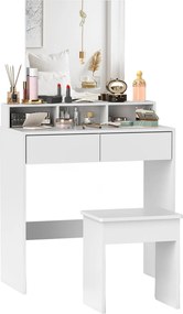 HOMCOM Sminkasztal Székekkel, Tükörrel, 3 Polccal, 2 Fiókkal, Modern Fa Sminkasztal, 75x38x135 cm, Fehér | Aosom