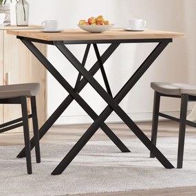 Tömör fenyőfa és acél étkezőasztal X-vázzal 80x80x75,5 cm