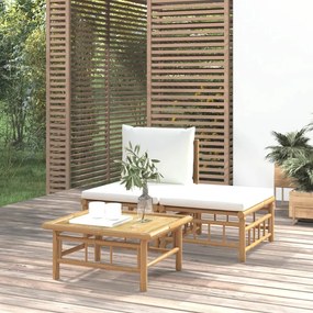 vidaXL 3 részes bambusz kerti ülőgarnitúra krémfehér párnákkal