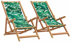 2 db összecsukható levélmintás szövet és tömör fa strandszék