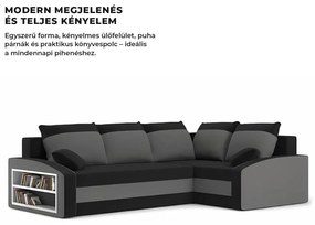 Grande sarokkanapé polcokkal , polc a bal karfaban, jobboldali, szövet anyag, bonell töltet, fekete - szürke