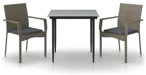 vidaXL 3 részes fekete és szürke polyrattan kerti étkezőszett párnával