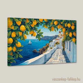 Mediterrán tengerparti városkép citromfákkal – prémium falikép 60x40 cm